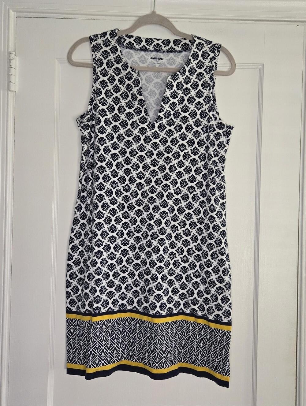 Lands' End geometric summer dress navy white gold women's medium